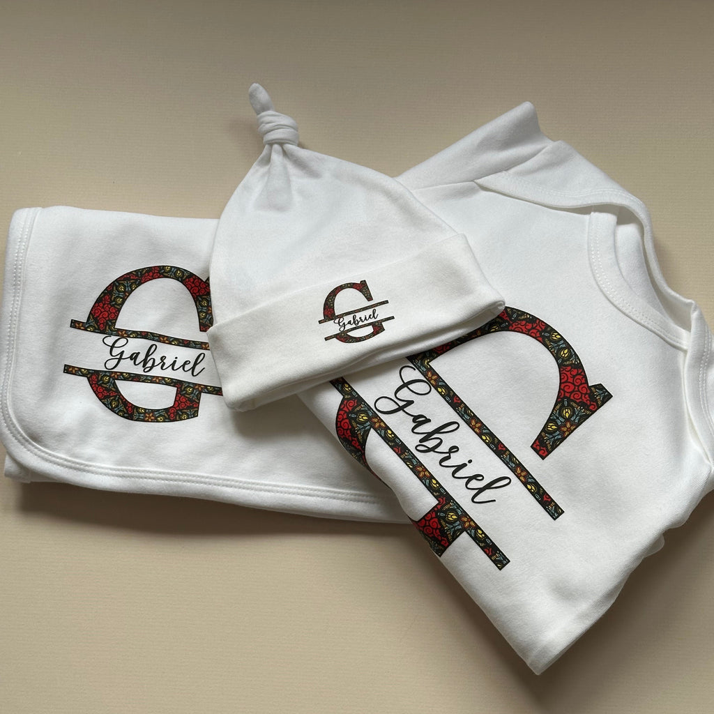Personalised Baby Gift Set - African Print Monogram (Onesie, Hat & Blanket)