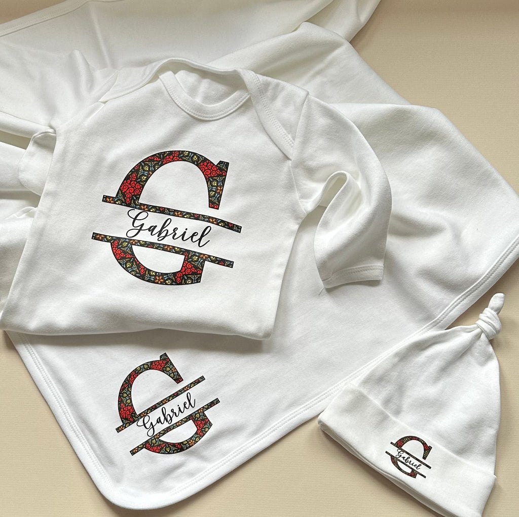 Personalised Baby Gift Set - African Print Monogram (Onesie, Hat & Blanket)